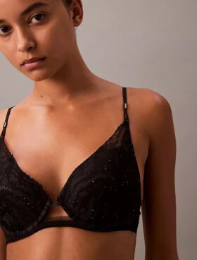 CK Black Push-Up Plunge Bra with Floral Lace