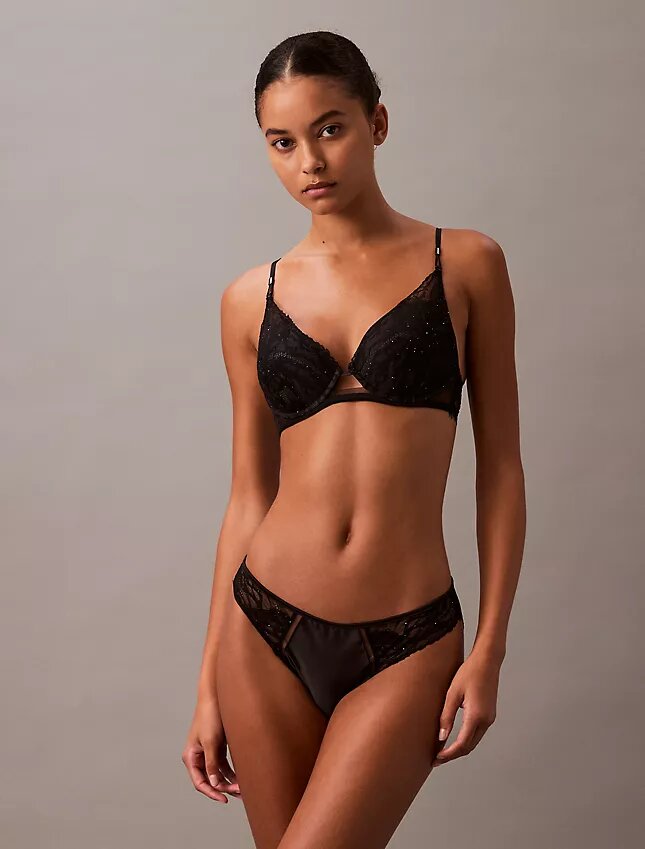 CK Black Push-Up Plunge Bra with Floral Lace CK Black Push-Up Plunge Bra with Floral Lace