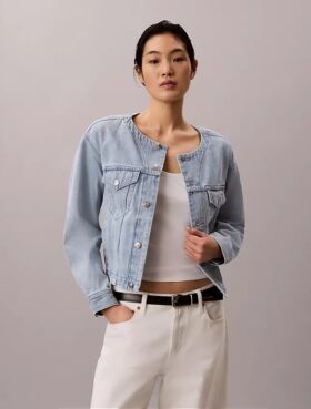 Κοντό τζιν Trucker Jacket χωρίς γιακά Κοντό τζιν Trucker Jacket χωρίς γιακά