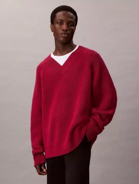 Πουλόβερ με χαλαρή εφαρμογή και V-neck από μείγμα μαλλιού μερινό