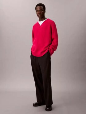Πουλόβερ με χαλαρή εφαρμογή και V-neck από μείγμα μαλλιού μερινό